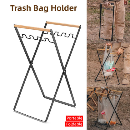 Outdoor Portable Wooden Handle Folding Garbage Rack Garbage Bag Rack Household Kitchen Picnic Barbecue Plastic Bag Holder