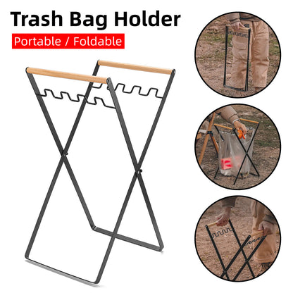 Outdoor Portable Wooden Handle Folding Garbage Rack Garbage Bag Rack Household Kitchen Picnic Barbecue Plastic Bag Holder