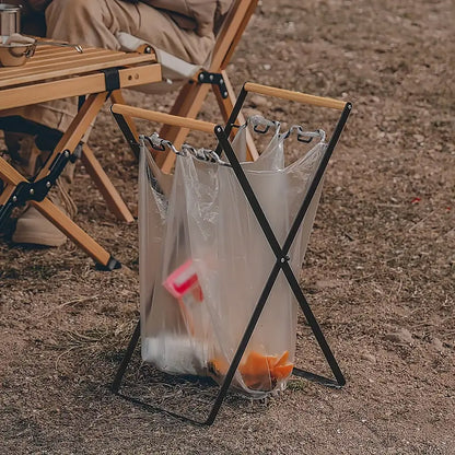 Outdoor Portable Wooden Handle Folding Garbage Rack Garbage Bag Rack Household Kitchen Picnic Barbecue Plastic Bag Holder