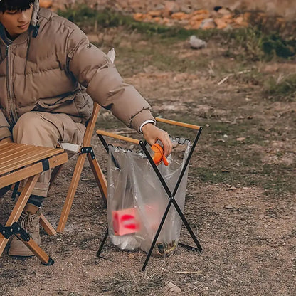 Outdoor Portable Wooden Handle Folding Garbage Rack Garbage Bag Rack Household Kitchen Picnic Barbecue Plastic Bag Holder