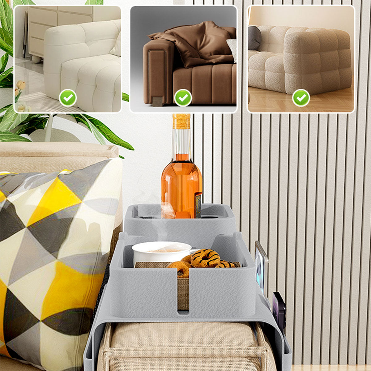 Sofa Armrest Tray Silicone Couch Side Organizer Cup Holder