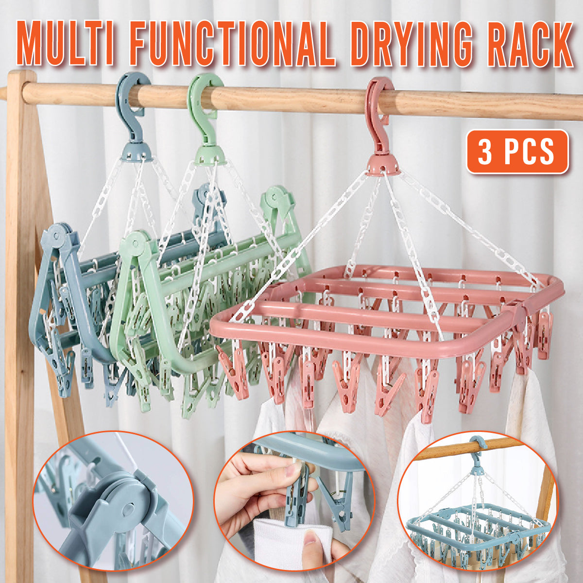 3 Pieces Plastic Multi-Clip Clothes Drying Rack Hanging Set