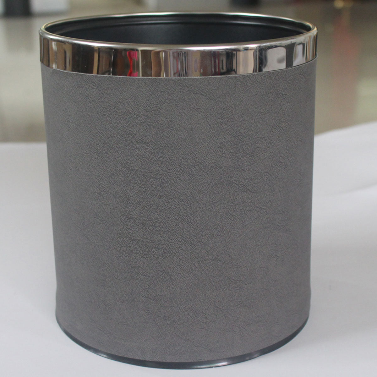 Leather Wastebasket with Metal Lining for Hotel and Office