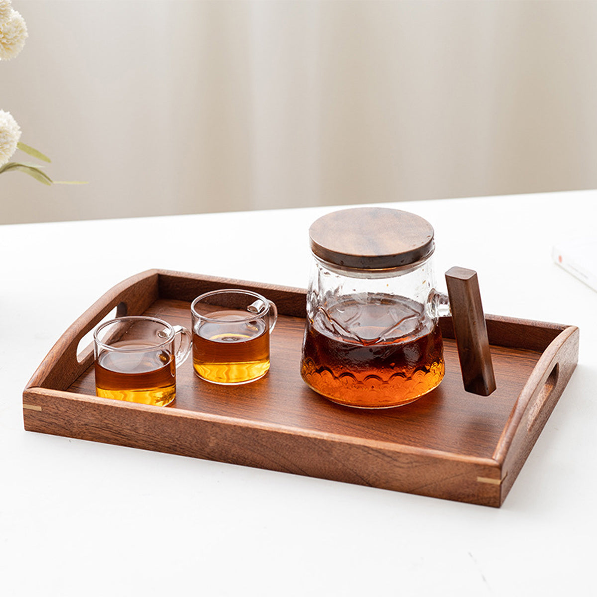Chinese Style Wooden Rectangular Tea Tray with Handles
