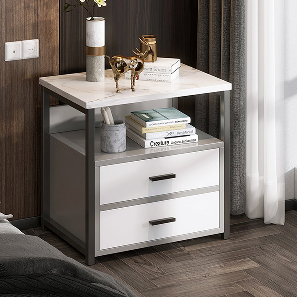 Marble-Look Bedside Table with Two Drawers Metal Frame