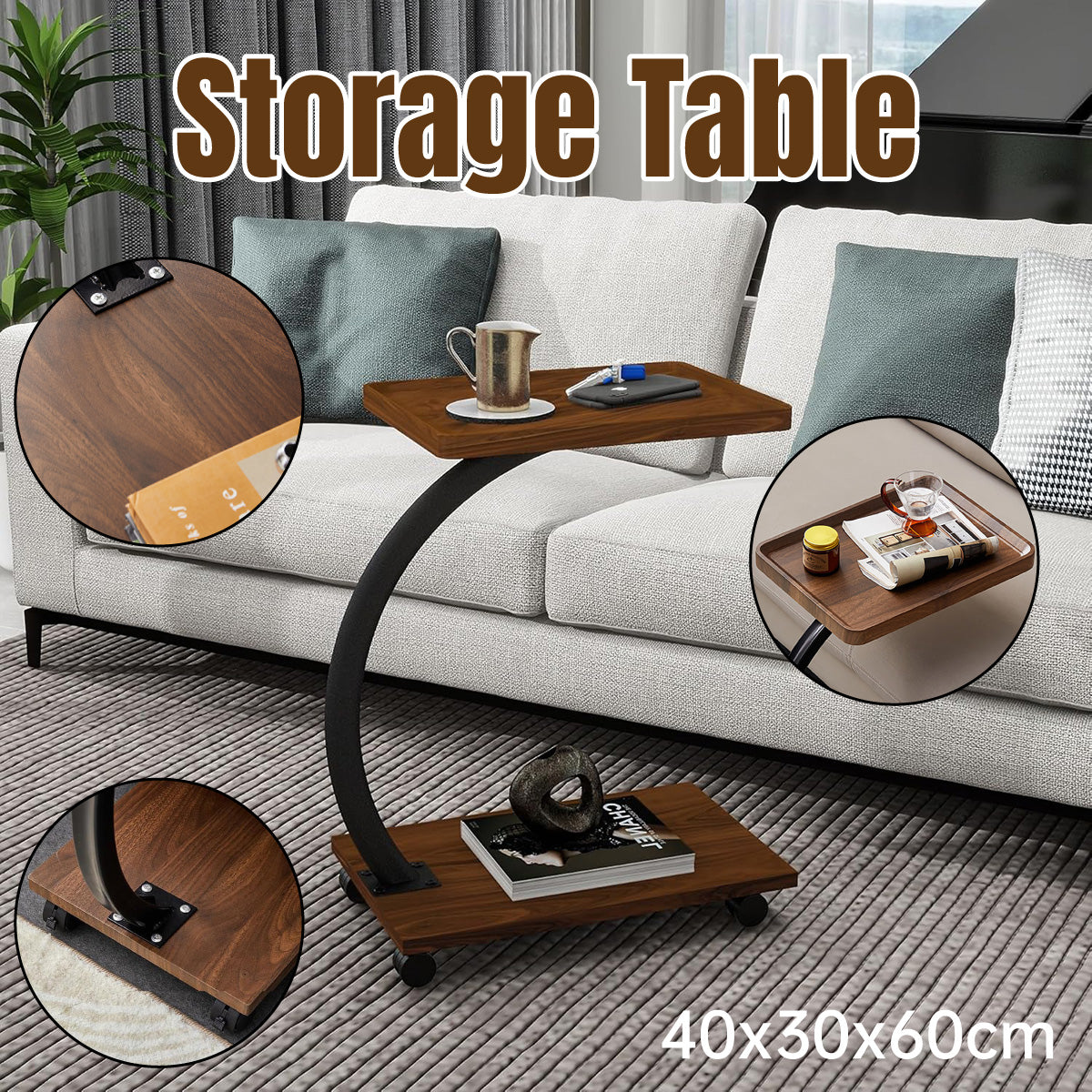 Movable Coffee Side Table Laptop Desk Bedside Sofa Tea End Table Wooden Metal