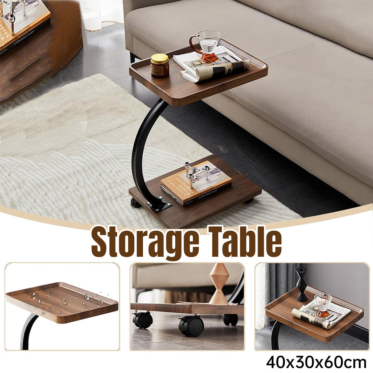 Movable Coffee Side Table Laptop Desk Bedside Sofa Tea End Table Wooden Metal