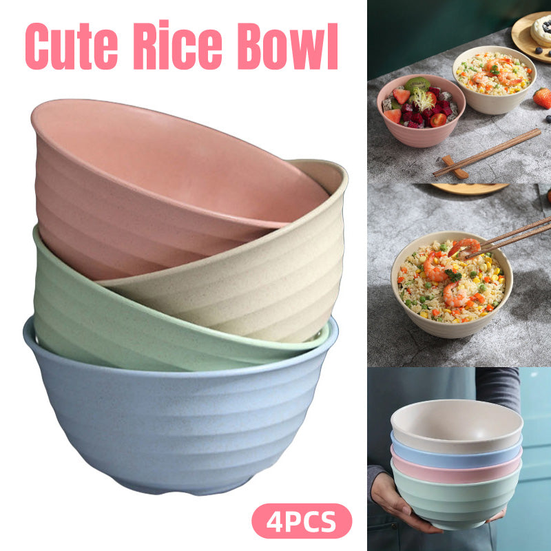 4pcs Wheat Straw Rice Bowl Round Noodle Bowl Drop Proof Kitchen Tableware Set