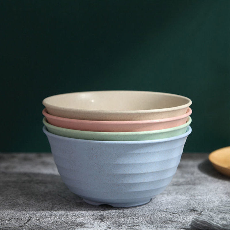 4pcs Wheat Straw Rice Bowl Round Noodle Bowl Drop Proof Kitchen Tableware Set