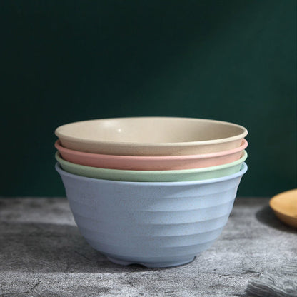 4pcs Wheat Straw Rice Bowl Round Noodle Bowl Drop Proof Kitchen Tableware Set