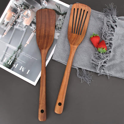 2pcs Wooden Frying Spatula Long Handle Stir Fry Spatula Kitchen Cooking Utensils