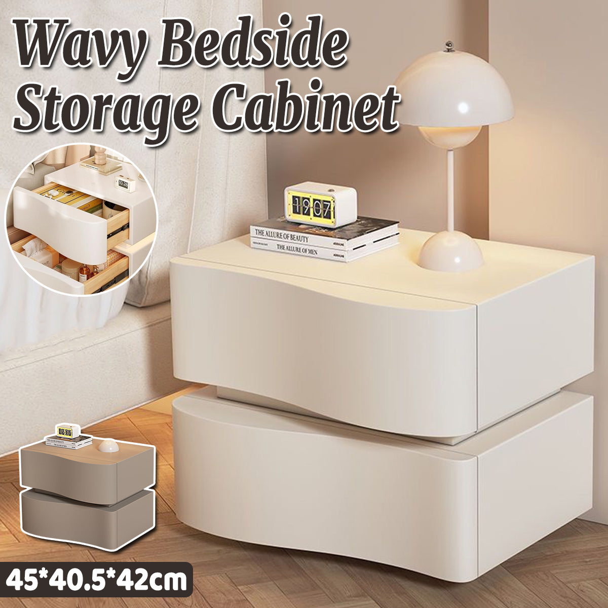 Wavy Bedside Storage Cabinet with Leather Surface