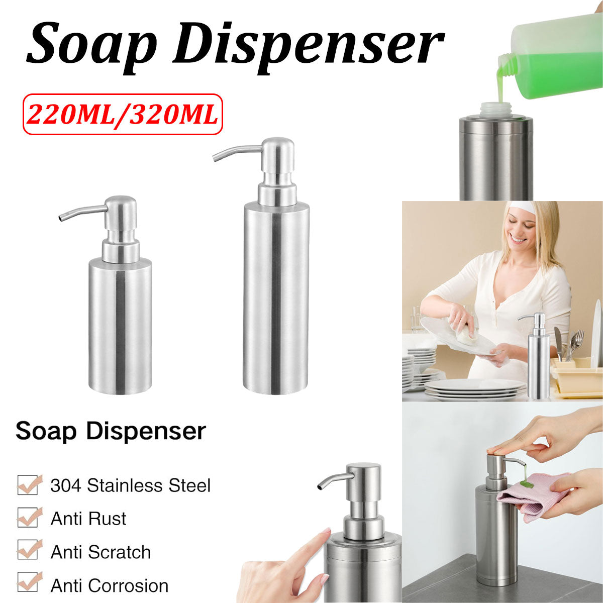 304 Stainless Steel Press Type Soap Dispenser Durable