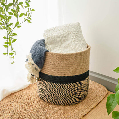 Woven Round Cotton Rope Laundry Basket for Home Storage Organization
