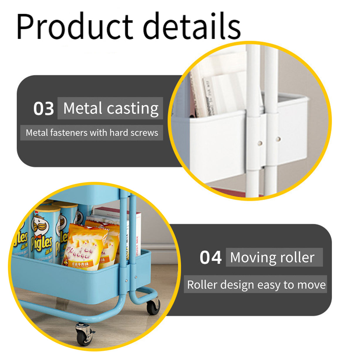 3Tier Trolley Shelf Organiser with Wheels Removable Storage Cart for Home Office