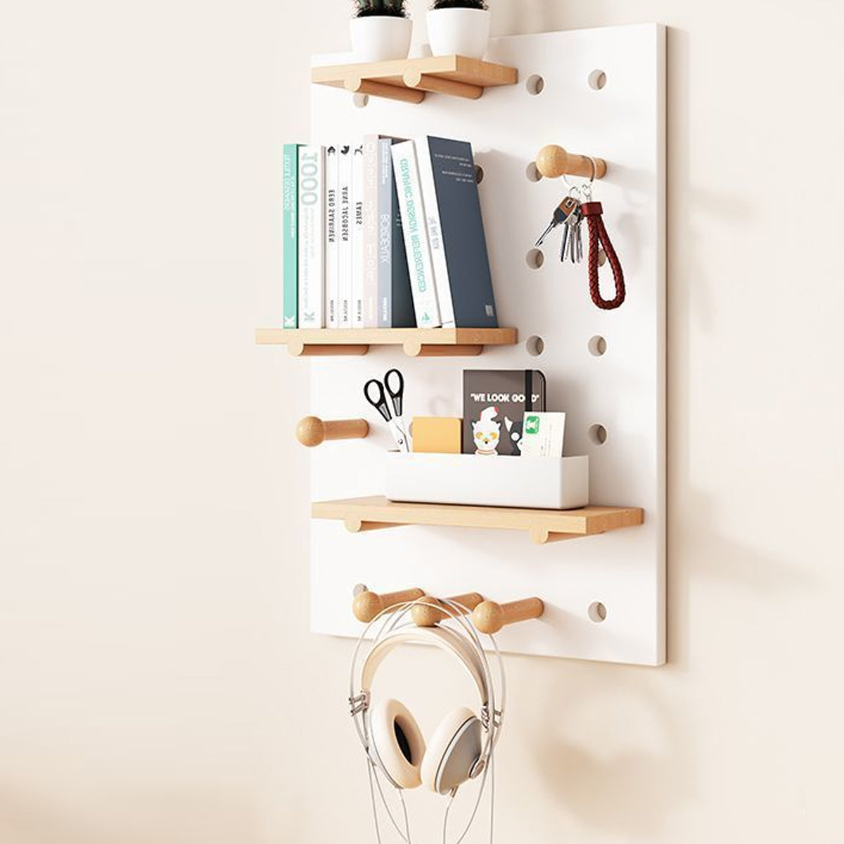 Wall Mounted Pegboard Shelf with Wooden Hooks – Product View 8