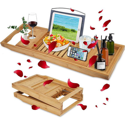 Expandable Bamboo Bath Caddy Tray with Book and Wine Holder