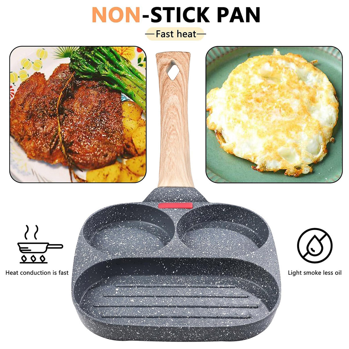 3-Hole Non-Stick Frying Pancake Pan Round Egg Breakfast Cooker