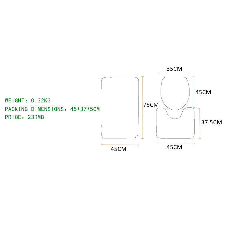 3 Piece Washable Anti-Slip Bathroom Mat Set with Toilet Cover