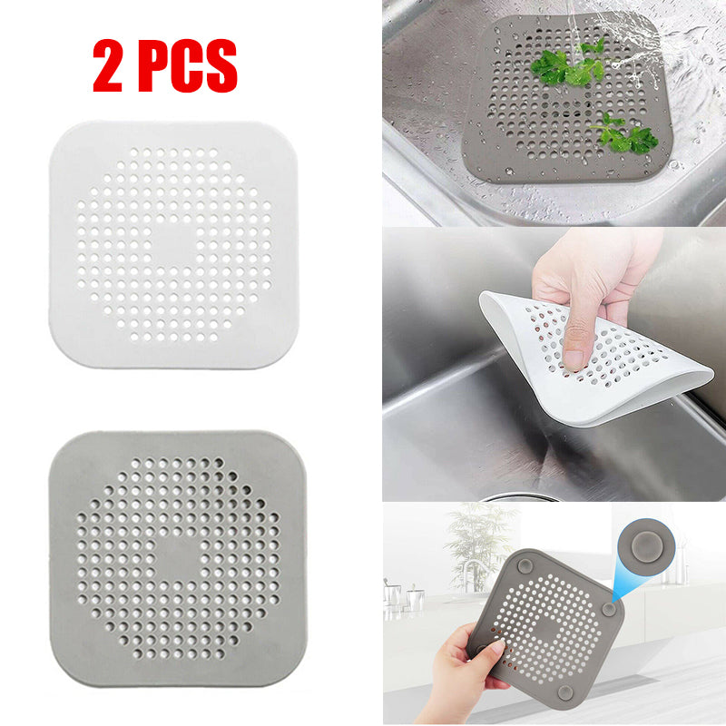 2PC Square Drain Cover Shower Hair Catcher Flat Silicone Plug for Bath