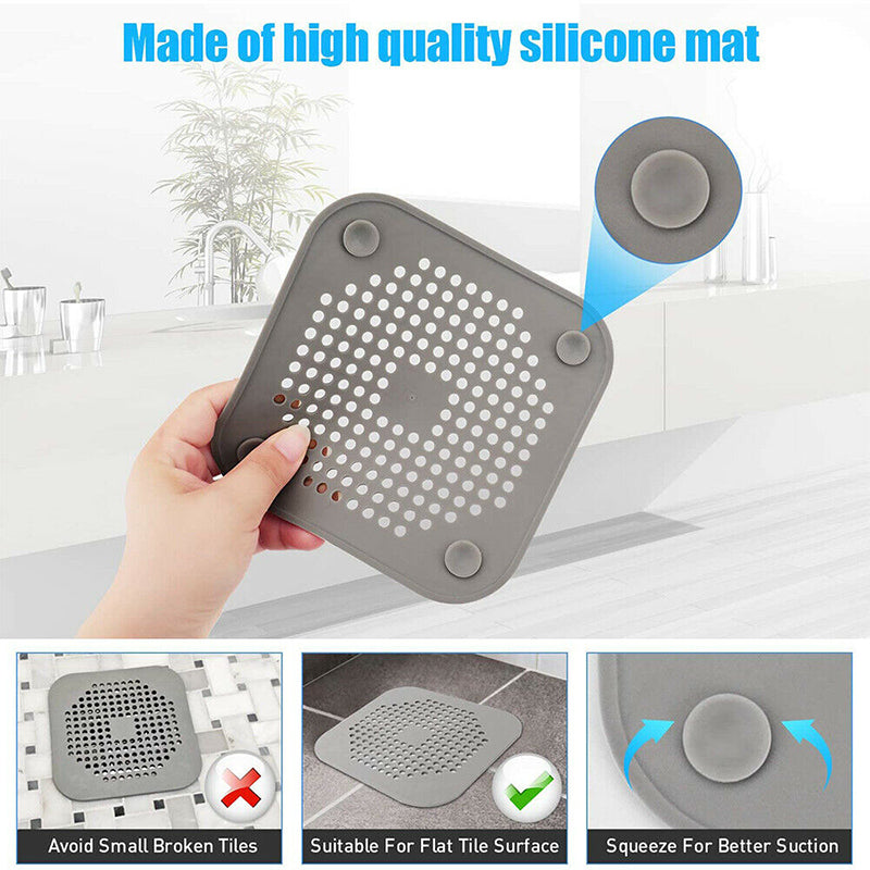 2PC Square Drain Cover Shower Hair Catcher Flat Silicone Plug for Bath
