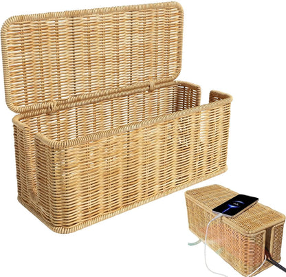 Desktop Cable Management Box with Cover Rattan Style Power Cord Organizer Case