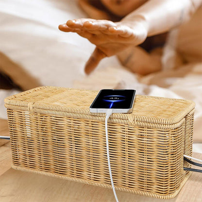 Desktop Cable Management Box with Cover Rattan Style Power Cord Organizer Case