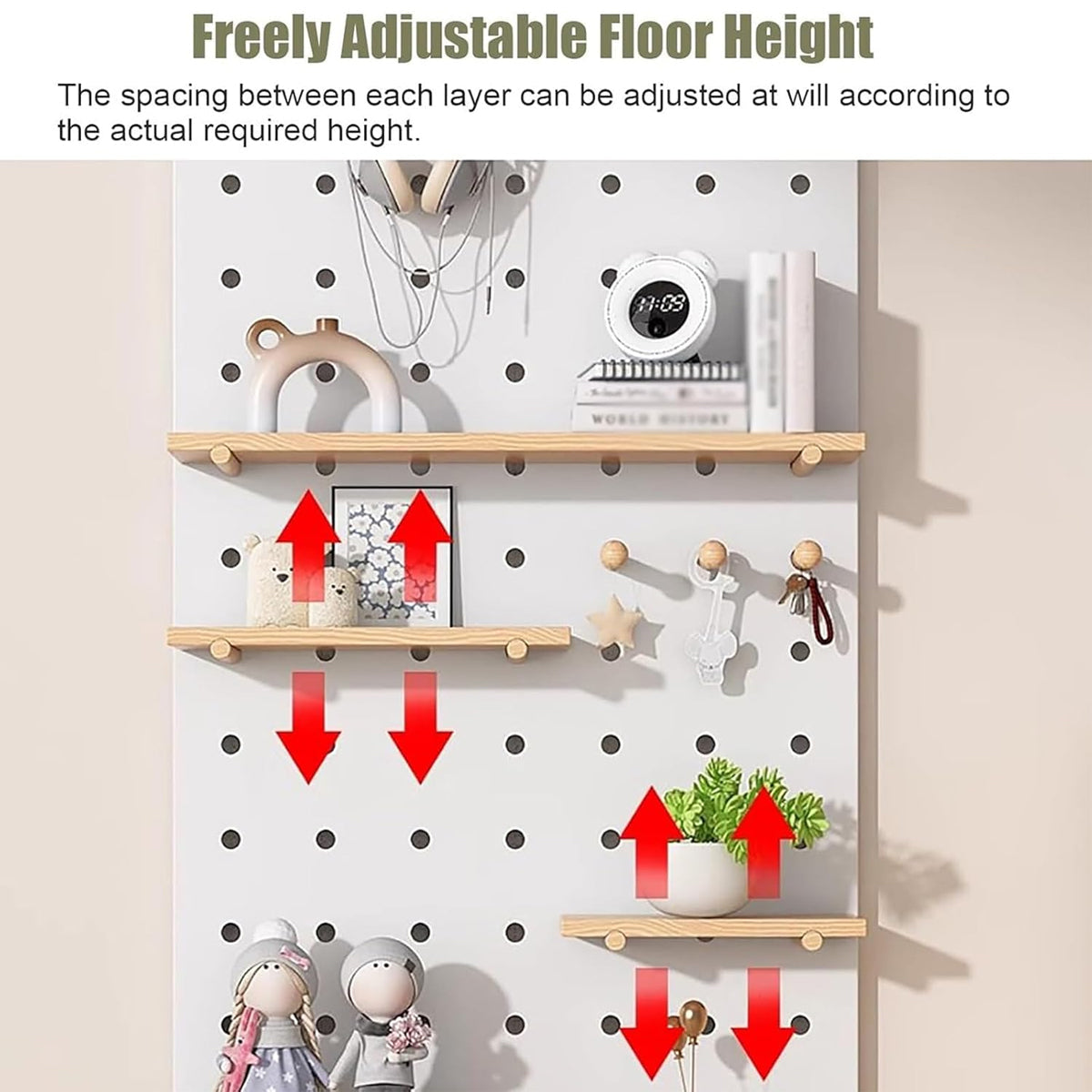Wall Mounted Pegboard Shelf with Wooden Hooks – Product View 5