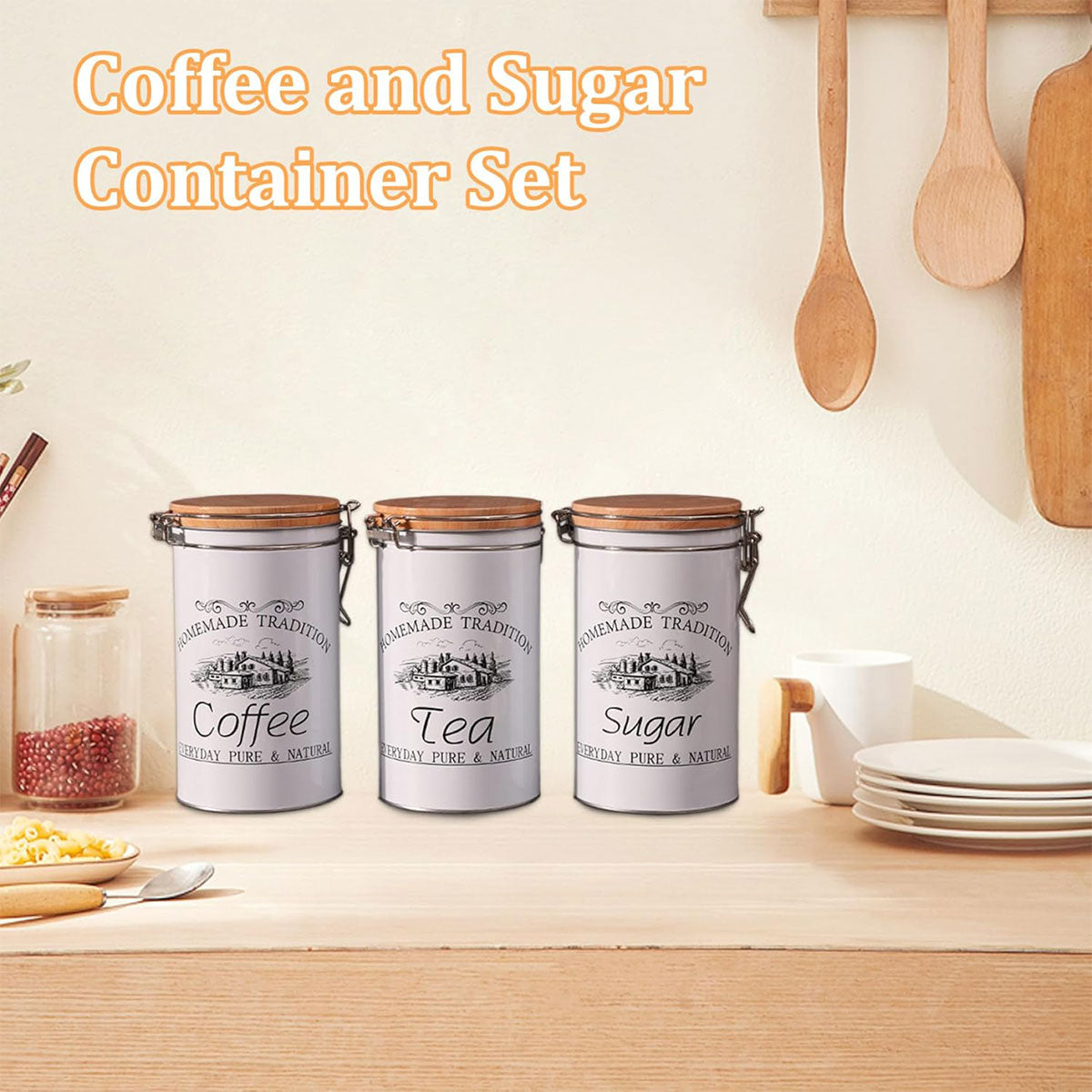 3PCS White Tinplate Coffee Tea Sugar Storage Jar Set Sealed Kitchen Counter AU