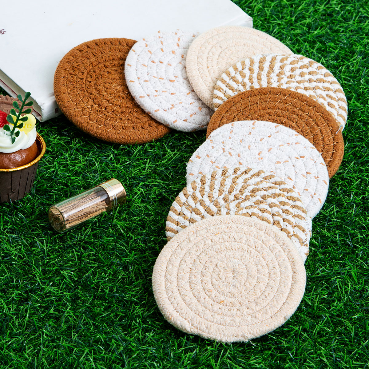 Round Cotton Woven Coaster Heat Resistant Dining Table Mat Set of 8