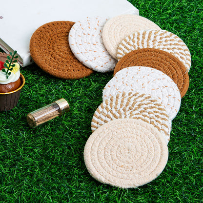 Round Cotton Woven Coaster Heat Resistant Dining Table Mat Set of 8