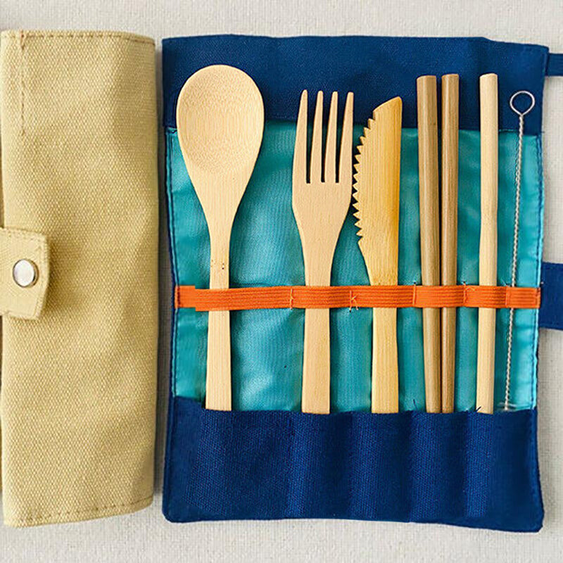 7 Pcs Reusable Bamboo Cutlery Set for Camping Travel Office