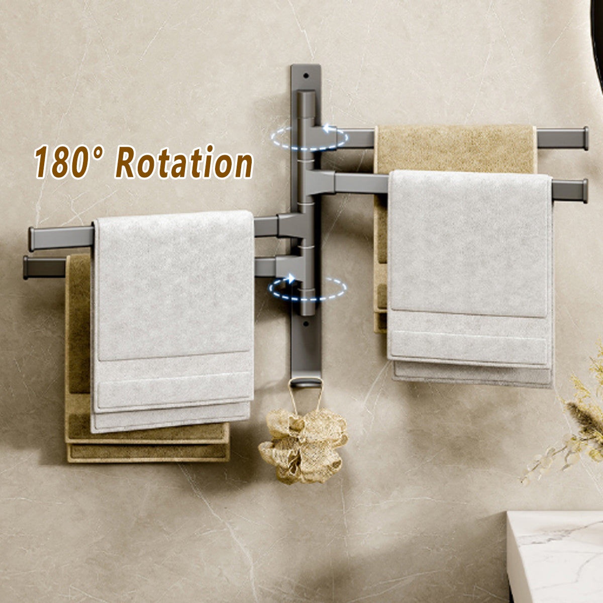 Rotating Towel Rack Wall Mounted Bathroom Shelf Multi Rod Swivel Towel Holder