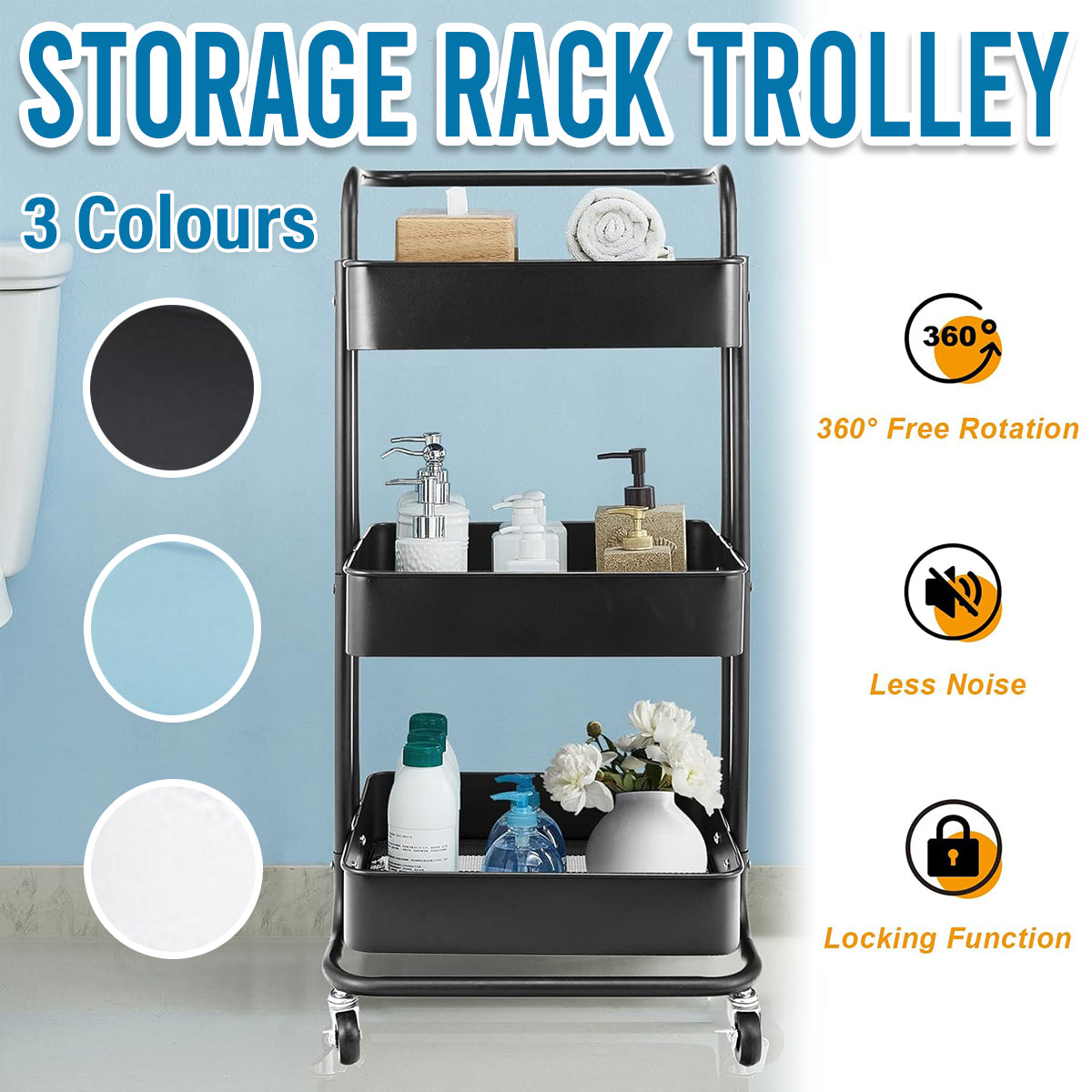3Tier Trolley Shelf Organiser with Wheels Removable Storage Cart for Home Office