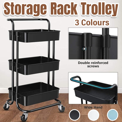 3Tier Trolley Shelf Organiser with Wheels Removable Storage Cart for Home Office