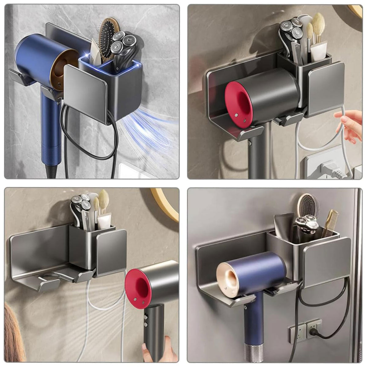 Aluminum Hair Dryer Holder Wall Mount Punch-Free Bathroom Hanging Rack Organizer
