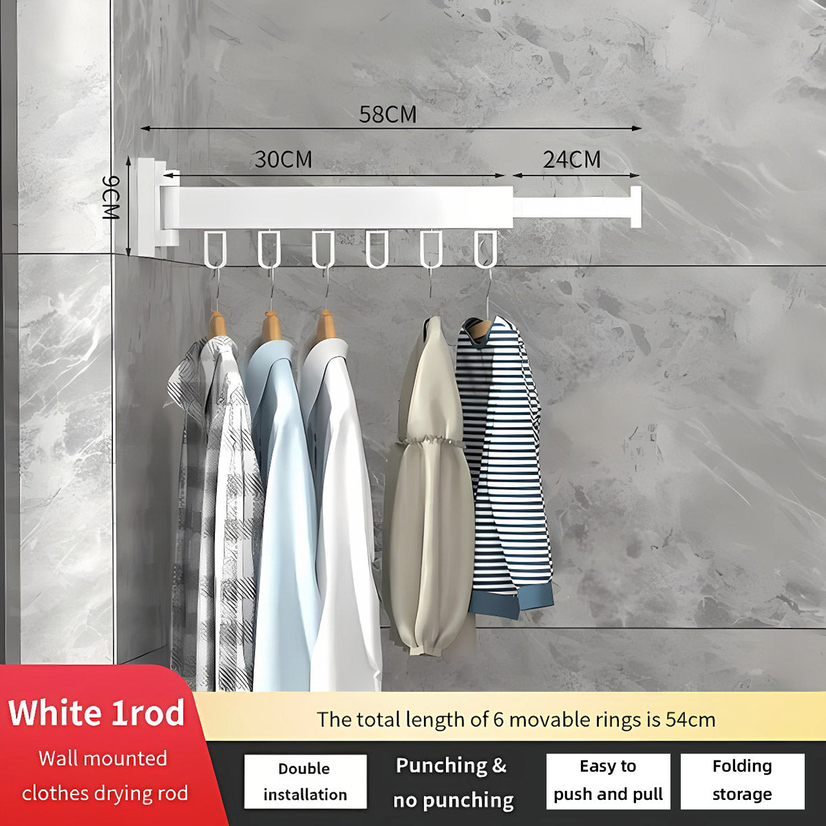 Wall Mounted Folding Drying Rack Telescopic Clothes Hanger Balcony Indoor Rod