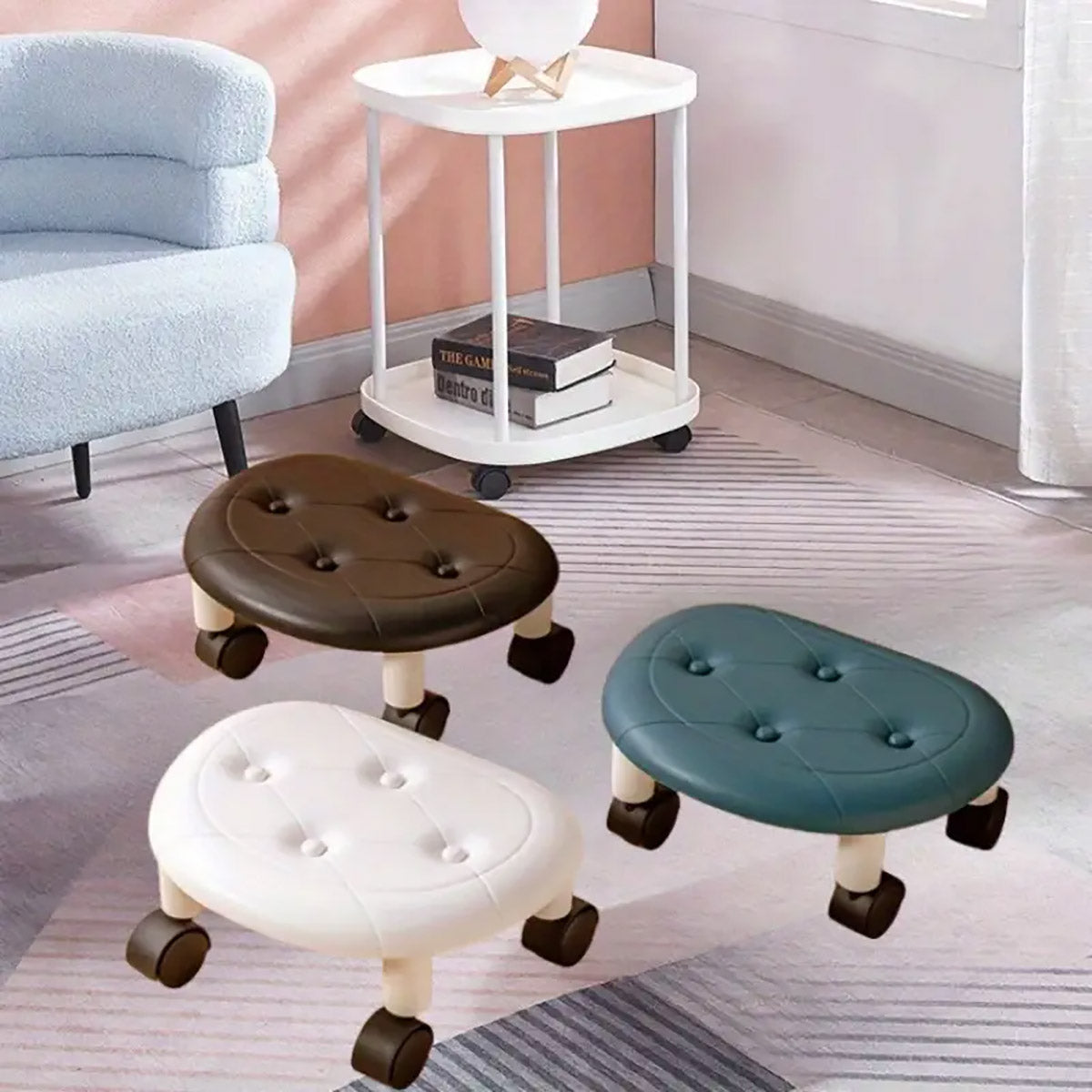 Imitation Leather Low Stool with Wheels Modern Bedroom Living Room Plastic Bench
