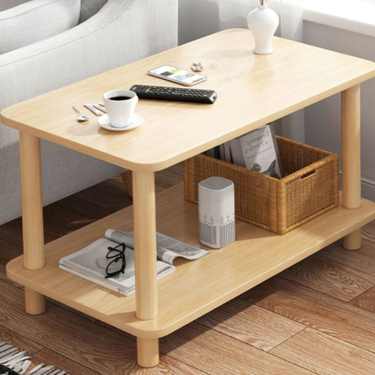 Two-Tier Mini Side Table Wood Grain Compact Storage