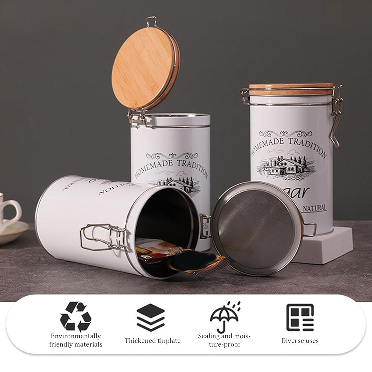 3PCS White Tinplate Coffee Tea Sugar Storage Jar Set Sealed Kitchen Counter AU