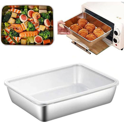 2PCS Stainless Steel Square Food Tray With Lid Rectangular Storage Box Plate AU