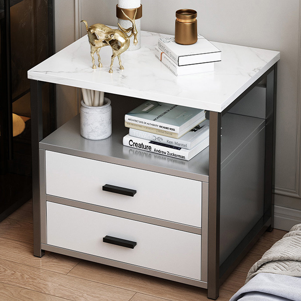 Marble-Look Bedside Table with Two Drawers Metal Frame