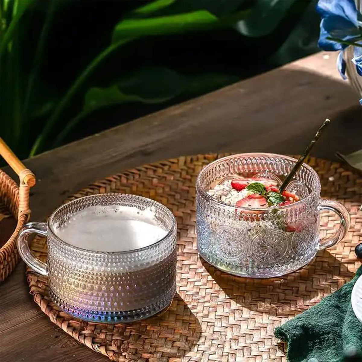 4PCS Vintage Embossed Glass Coffee Cups 14oz with Lid and Spoon for Tea Milk AU