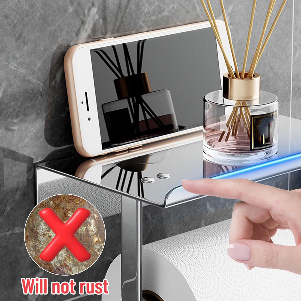 304 Stainless Steel Toilet Paper Holder Non-perforated Roll with Phone Rack AU
