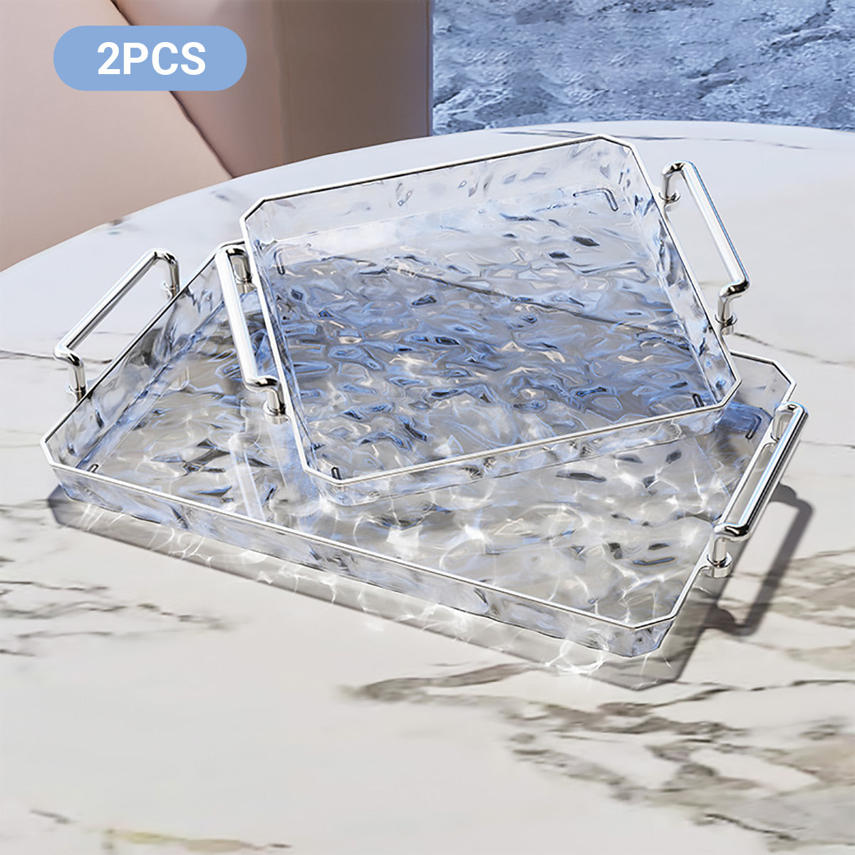 2 Piece Clear Rectangular Serving Tray with Metal Handles