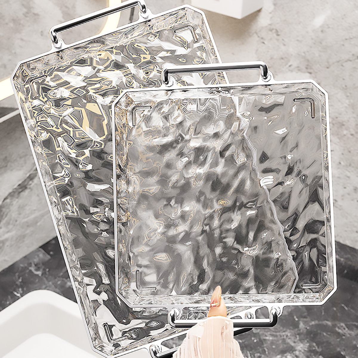 2 Piece Clear Rectangular Serving Tray with Metal Handles