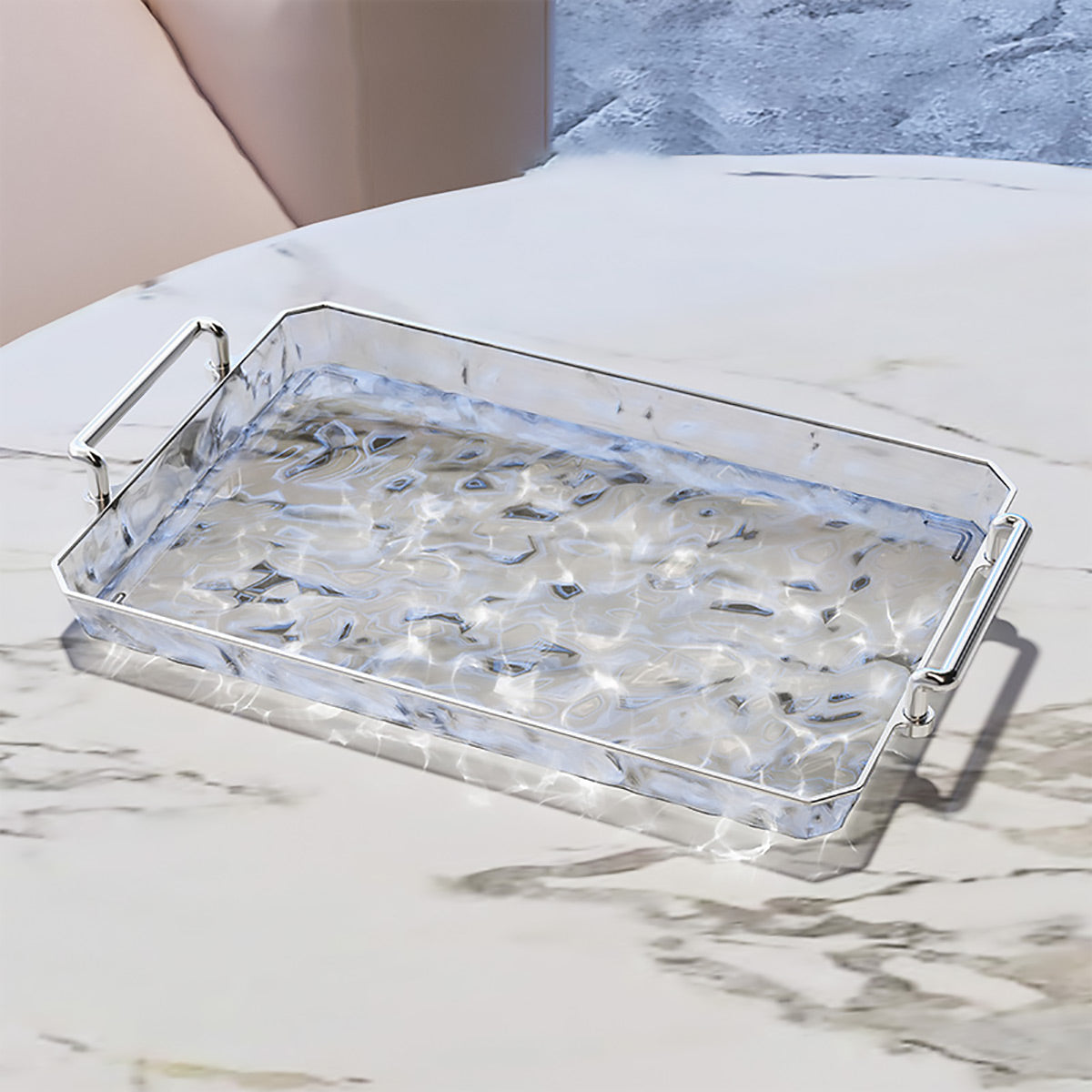 2 Piece Clear Rectangular Serving Tray with Metal Handles