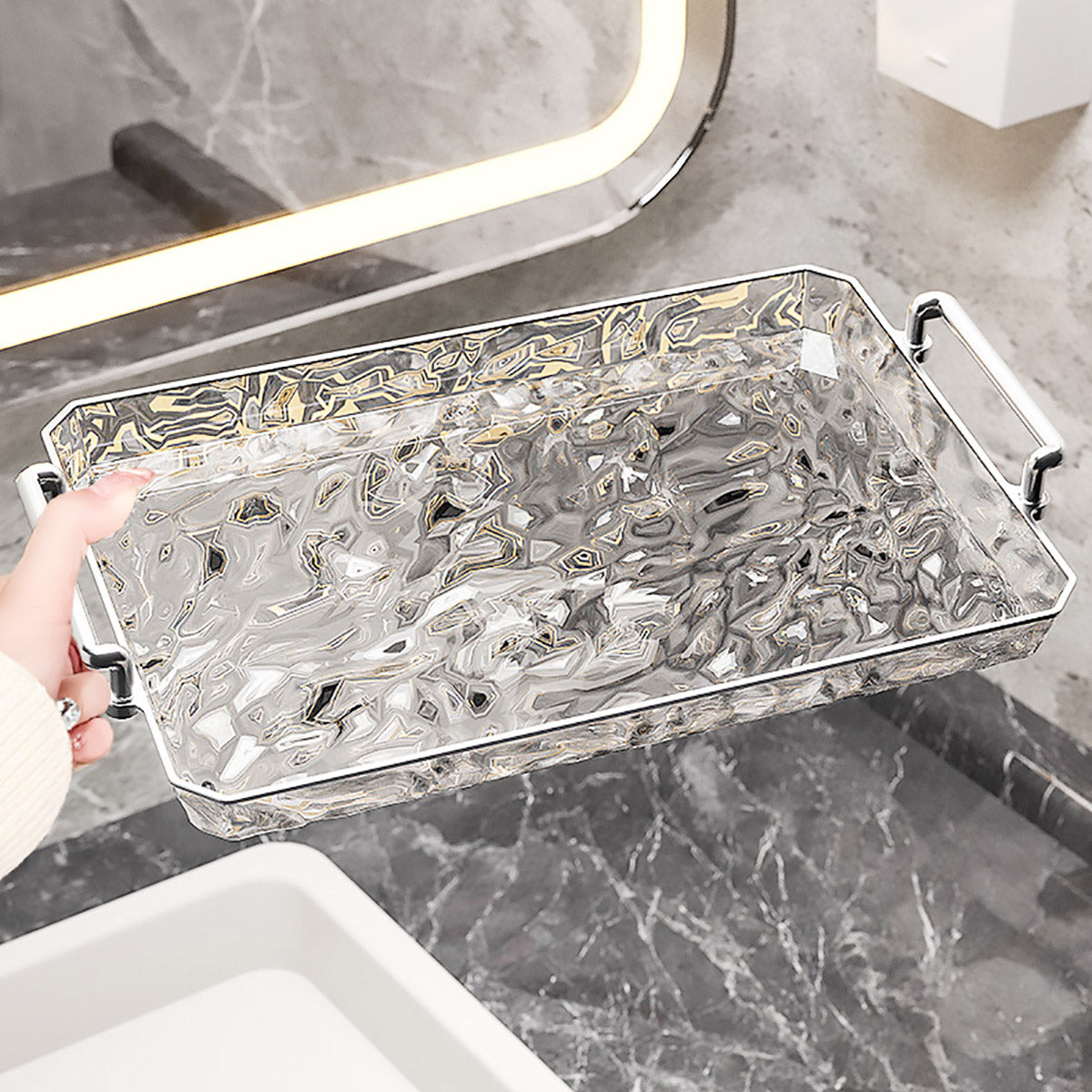2 Piece Clear Rectangular Serving Tray with Metal Handles