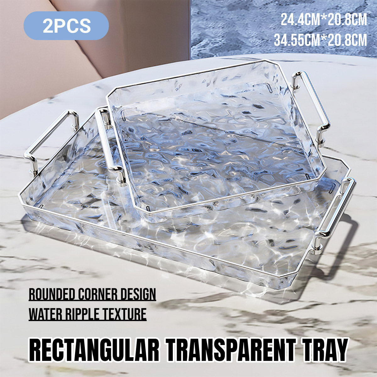 2 Piece Clear Rectangular Serving Tray with Metal Handles
