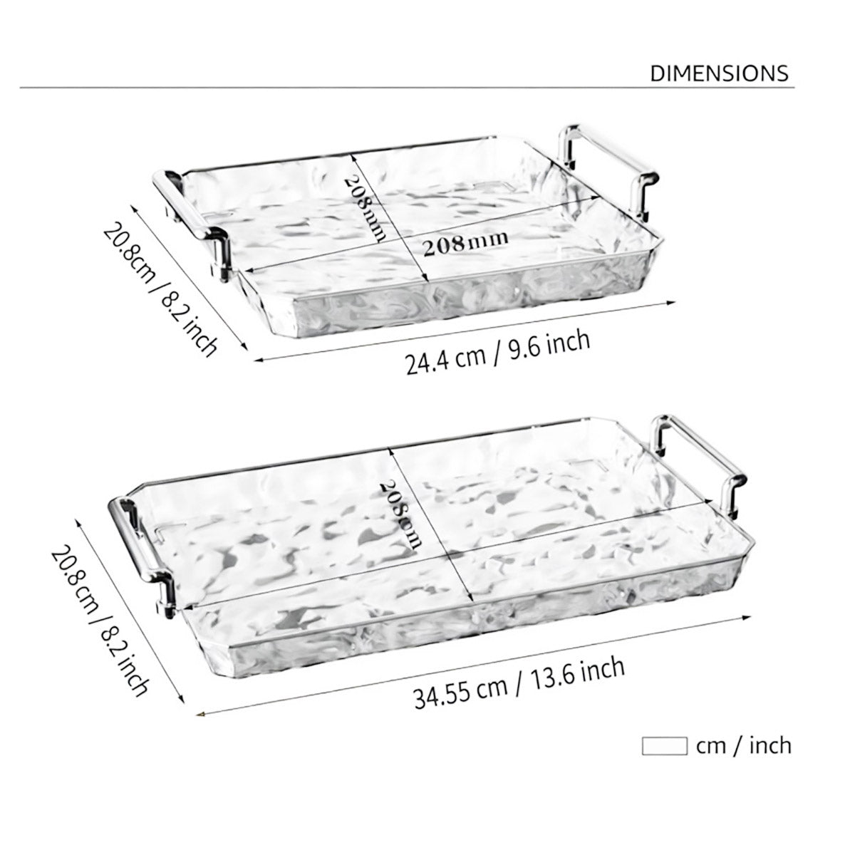 2 Piece Clear Rectangular Serving Tray with Metal Handles